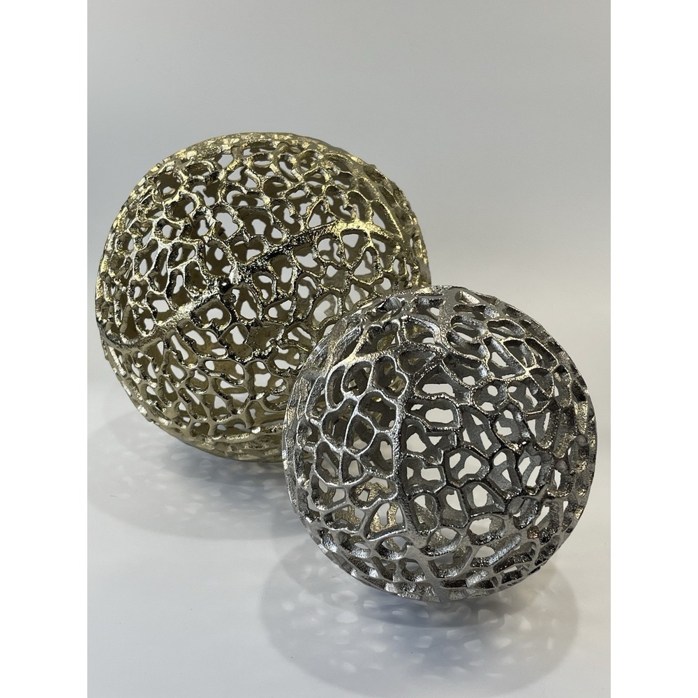 Coral Spheres Sculptures Decor Metal Gold & Silver ‎ 7.5" & 5" Table Art Modern